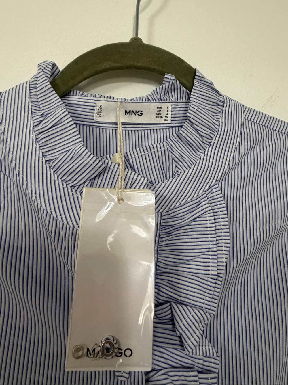 Mango Light Blue Ruffle-Front Button-Down Blouse - Picture 2 of 4